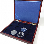 Деревянный футляр Volterra Smart (252х204х32 мм) для 12 монет в капсулах (диаметр 46 мм). Синий