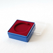 Футляр пластиковый (58х58х22 мм) для одной монеты, медали (диаметр 40 мм, глубина 4 мм). Светло-синее основание