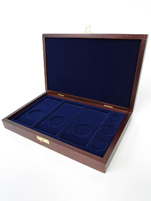 Деревянный футляр Vintage M (244х156х38 мм) для 3 обычных монет 25 рублей и 3 цветных монет 25 рублей в блистере