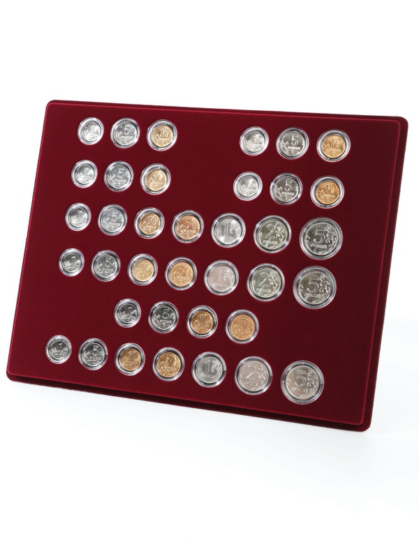 Набор из 6 планшетов S (234х296х12 мм) для монет России регулярного выпуска. 1997–2019. В капсулах Leuchtturm, тёмно-бордовый  Набор из 6 планшетов S (234х296х12 мм) для монет России регулярного выпуска. 1997–2019. В капсулах Leuchtturm, тёмно-бордовый