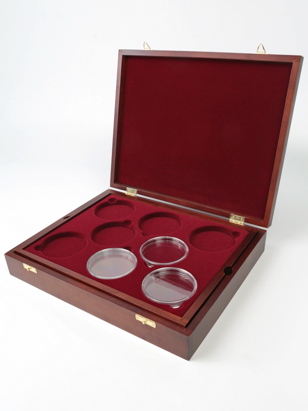  Футляр деревянный Vintage (329х271х61 мм) для 16 монет в капсулах (диаметр 74 мм). 2 уровня, тёмно-бордовый