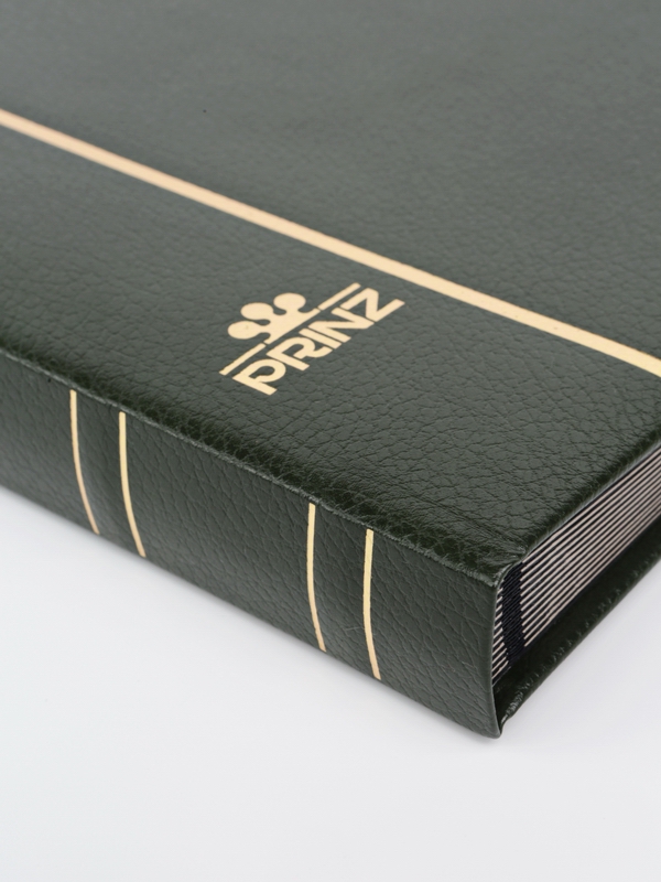 Альбом для марок (кляссер Royal-Line) из натуральной кожи, 16 листов (32 страницы), чёрный картон с промежуточными прозрачными листами. Зелёный. Prinz, 6016