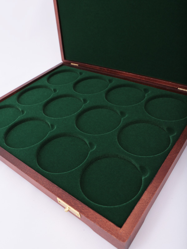  Футляр деревянный Vintage S (305х247х40 мм) для монет, медалей d-65 мм (12 ячеек), зелёный