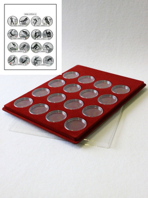 Планшет S (234х296х12 мм) для 16 Олимпийских монет Сочи-2014 в капсулах. Вертикальный, тёмно-бордовый  Планшет S (234х296х12 мм) для 16 Олимпийских монет Сочи-2014 в капсулах. Вертикальный, тёмно-бордовый