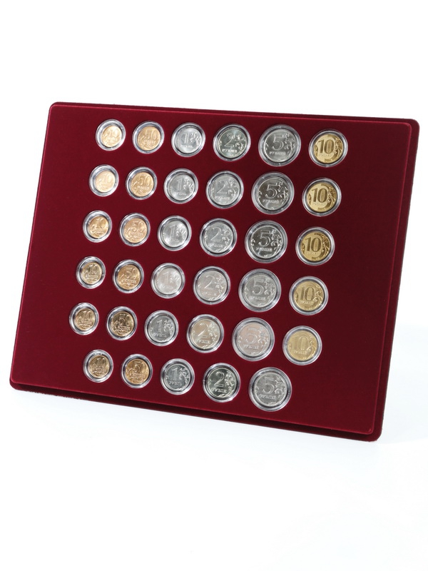 Набор из 6 планшетов S (234х296х12 мм) для монет России регулярного выпуска. 1997–2019. В капсулах Leuchtturm, тёмно-бордовый  Набор из 6 планшетов S (234х296х12 мм) для монет России регулярного выпуска. 1997–2019. В капсулах Leuchtturm, тёмно-бордовый