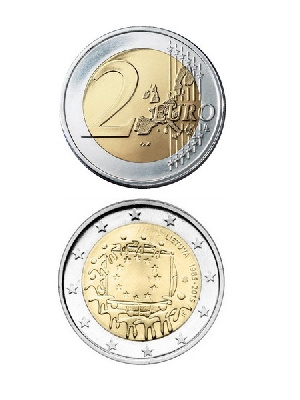 2 евро, Литва (30 лет флагу Евросоюза). 2015 г. 2 евро, Литва (30 лет флагу Евросоюза). 2015 г.