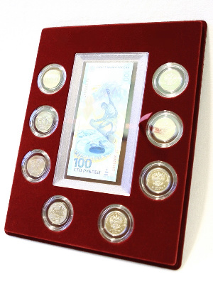 Планшет S (234х296х12 мм) для 1 банкноты Сочи-2014 в капсуле и 8 монет Сочи-2014 в капсулах. Вертикальный Планшет S (234х296х12 мм) для 1 банкноты Сочи-2014 в капсуле и 8 монет Сочи-2014 в капсулах. Вертикальный