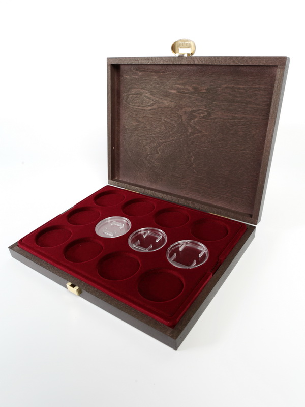 Деревянный футляр Carus XM (248х196х32 мм) для 24 монет в капсулах (диаметр 46 мм). 2 уровня, тёмно-синий