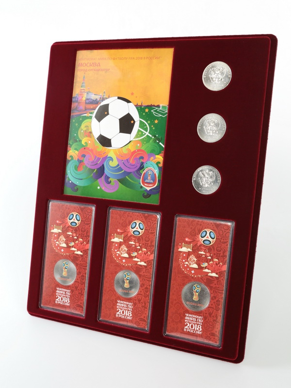 Планшет S (234х296х12 мм) для 3 монет 25 рублей и 3 монет 25 рублей в блистере «Футбол 2018» + Открытка. Москва Планшет S (234х296х12 мм) для 3 монет 25 рублей и 3 монет 25 рублей в блистере «Футбол 2018» + Открытка. Москва