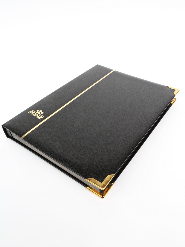 Альбом для марок (кляссер Royal-Line) из натуральной кожи, 16 листов (32 страницы), чёрный картон с промежуточными прозрачными листами. Чёрный. Prinz, 6016