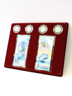 Планшет S (234х296х12 мм) для 2 банкнот Сочи-2014 в чехлах и 4 монет Сочи-2014 в капсулах Планшет S (234х296х12 мм) для 2 банкнот Сочи-2014 в чехлах и 4 монет Сочи-2014 в капсулах