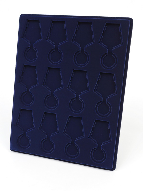 Планшет S (234х296х12 мм) на 12 медалей РФ d-32 мм с пятиугольной колодкой. Вертикальный, тёмно-синий