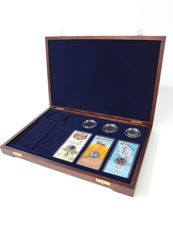 Футляр деревянный Vintage L (342х235х42 мм) для 5 обычных монет 25 рублей в капсулах и 5 цветных монет 25 рублей в блистере