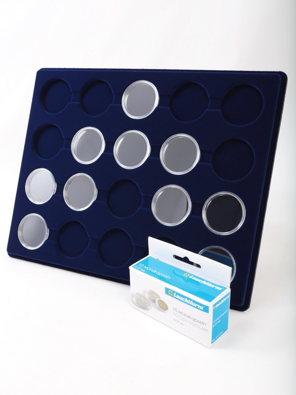  Планшет S (234х296х12 мм) для 20 монет в капсулах CAPS 36 и 37 Leuchtturm. Диаметр ячейки 42,5 мм, тёмно-синий