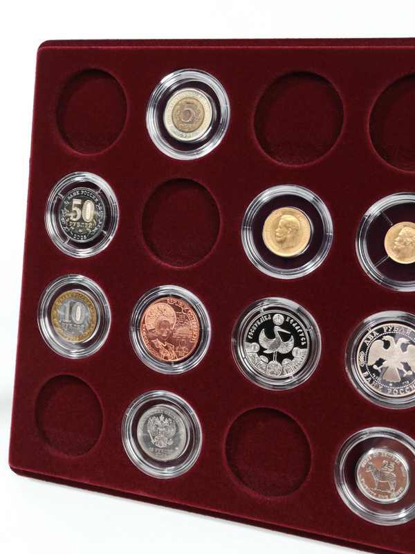  Планшет S (234х296х12 мм) для монет в капсулах d-44 мм (20 ячеек), тёмно-бордовый