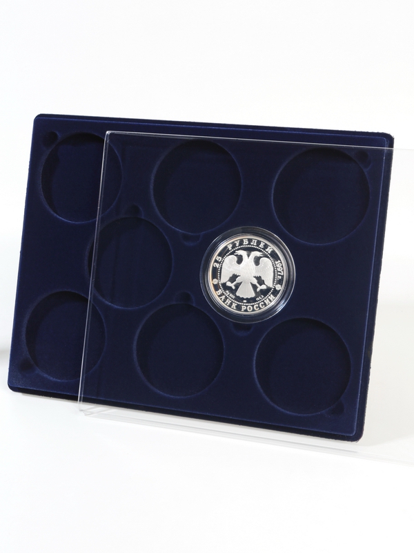  Планшет S (234х296х12 мм) для монет в капсулах d-74 мм (8 ячеек), тёмно-синий