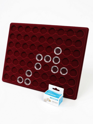 Планшет S (234х296х12 мм) для 63 монет в капсулах CAPS 18, 19 и 19,5 Leuchtturm. Диаметр ячейки 25 мм, тёмно-бордовый  Планшет S (234х296х12 мм) для 63 монет в капсулах CAPS 18, 19 и 19,5 Leuchtturm. Диаметр ячейки 25 мм, тёмно-бордовый