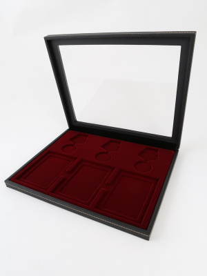  Бокс из искусственной кожи с прозрачным окном Nera Plus для 3 медалей РФ d-37 мм и 3 удостоверений, тёмно-бордовый