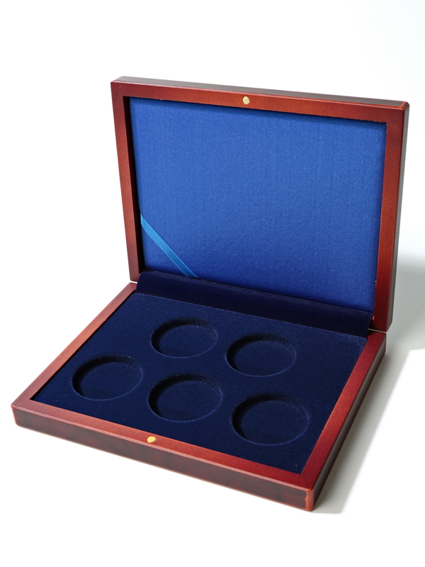 Деревянный футляр (194х149х32 мм) для 5 монет в капсулах (диаметр 44 мм), тёмно-синий