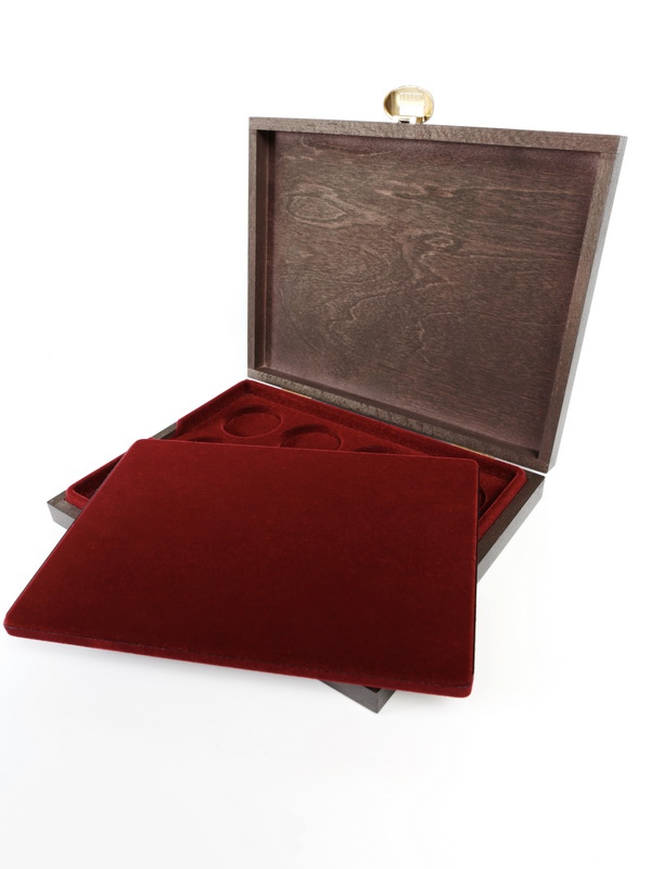 Деревянный футляр Carus XM (248х196х32 мм) для 24 монет в капсулах (диаметр 46 мм). 2 уровня, тёмно-синий