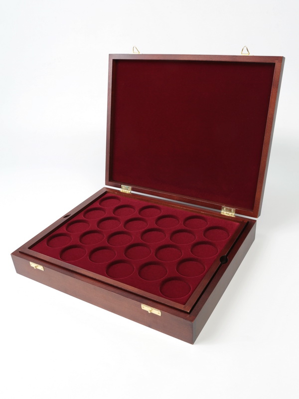  Футляр деревянный Vintage (329х271х61 мм) для 48 монет в капсулах (диаметр 44 мм). 2 уровня, тёмно-бордовый