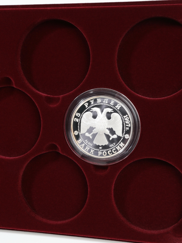  Планшет S (234х296х12 мм) для монет в капсулах d-74 мм (8 ячеек), тёмно-бордовый