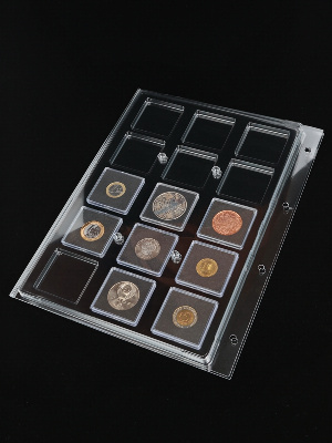 Листы-обложки Гранде из прозрачного пластика для 15 монет в капсулах 50х50х6 мм. Упаковка из 2 листов, Россия