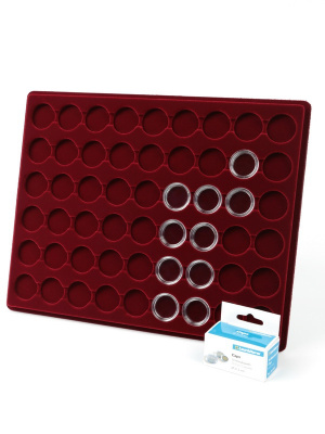 Планшет S (234х296х12 мм) для 54 монет в капсулах CAPS 21,5 Leuchtturm. Диаметр ячейки 27,5 мм, тёмно-бордовый  Планшет S (234х296х12 мм) для 54 монет в капсулах CAPS 21,5 Leuchtturm. Диаметр ячейки 27,5 мм, тёмно-бордовый
