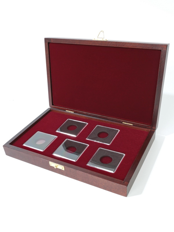 Деревянный футляр Vintage M (244х156х38 мм) для 5 монет в капсулах Quadrum (50х50х6 мм)