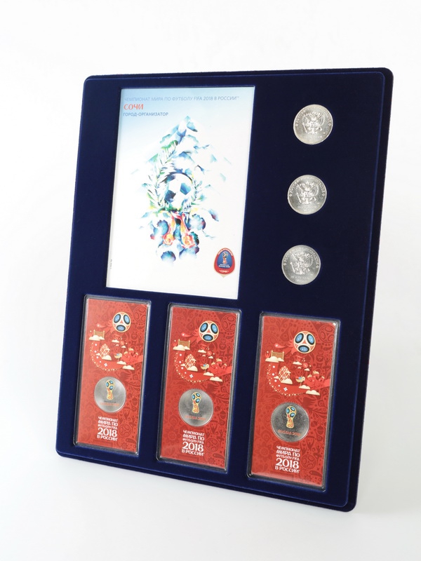 Планшет S (234х296х12 мм) для 3 монет 25 рублей и 3 монет 25 рублей в блистере «Футбол 2018» + Открытка. Сочи Планшет S (234х296х12 мм) для 3 монет 25 рублей и 3 монет 25 рублей в блистере «Футбол 2018» + Открытка. Сочи