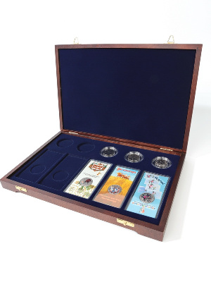 Футляр деревянный Vintage L (342х235х42 мм) для 5 обычных монет 25 рублей в капсулах и 5 цветных монет 25 рублей в блистере