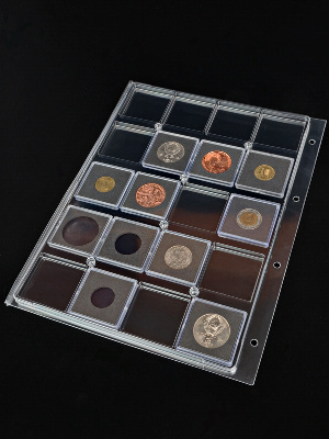 Листы-обложки Гранде из прозрачного пластика для 20 монет в капсулах 50х50х6 мм. Упаковка из 2 листов, Россия