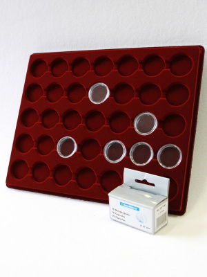 Планшет S (234х296х12 мм) для 35 монет в капсулах CAPS 26,5 и 27 Leuchtturm. Диаметр ячейки 33 мм, тёмно-бордовый  Планшет S (234х296х12 мм) для 35 монет в капсулах CAPS 26,5 и 27 Leuchtturm. Диаметр ячейки 33 мм, тёмно-бордовый