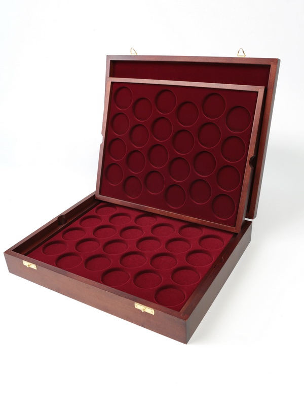 Футляр деревянный Vintage (329х271х61 мм) для 48 монет в капсулах (диаметр 44 мм). 2 уровня