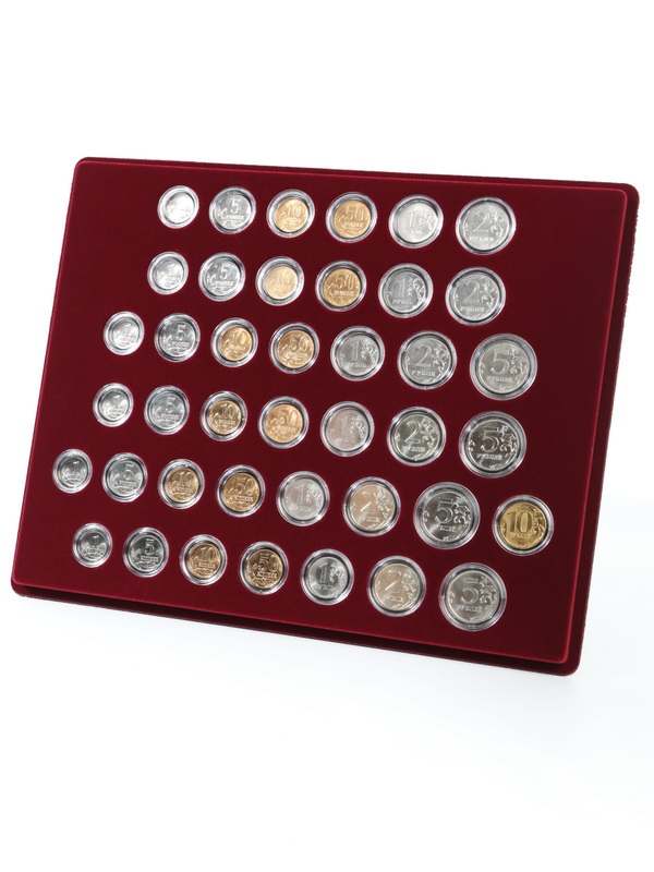 Набор из 6 планшетов S (234х296х12 мм) для монет России регулярного выпуска. 1997–2019. В капсулах Leuchtturm, тёмно-бордовый  Набор из 6 планшетов S (234х296х12 мм) для монет России регулярного выпуска. 1997–2019. В капсулах Leuchtturm, тёмно-бордовый