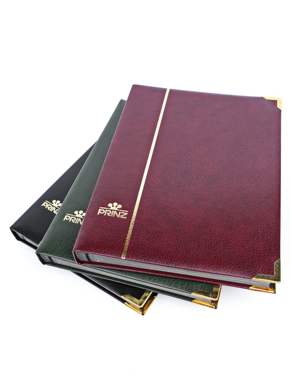 Альбом для марок (кляссер Royal-Line) из натуральной кожи, 16 листов (32 страницы), чёрный картон с промежуточными прозрачными листами. Зелёный. Prinz, 6016