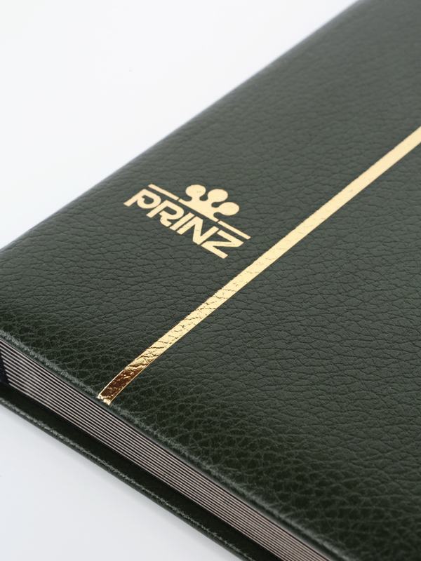 Альбом для марок (кляссер Royal-Line) из натуральной кожи, 16 листов (32 страницы), чёрный картон с промежуточными прозрачными листами. Зелёный. Prinz, 6016