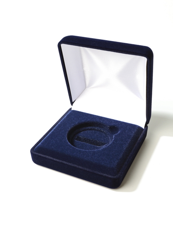 Футляр (92х92х40 мм) для монеты в капсуле (диаметр 44 мм), с вертикальной установкой медали, тёмно-синий