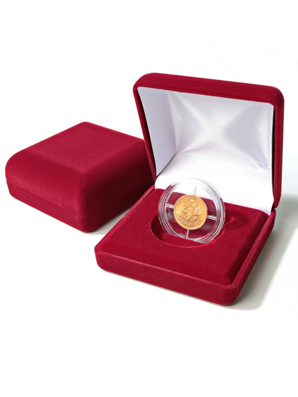 Футляр (92х92х40 мм) для монеты в капсуле (диаметр 44 мм), с вертикальной установкой медали, светло-бордовый