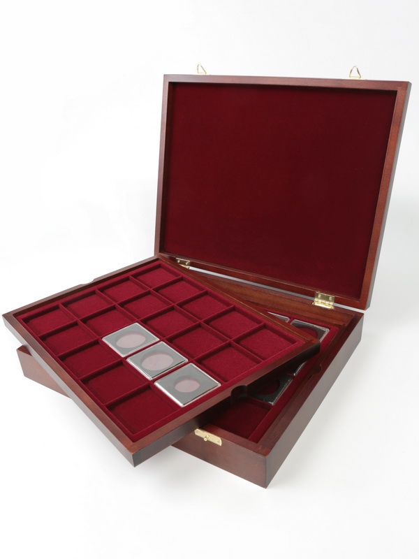  Футляр деревянный Vintage (329х271х61 мм) для 40 монет в капсулах «Quadrum» (50х50х6 мм). 2 уровня, тёмно-бордовый