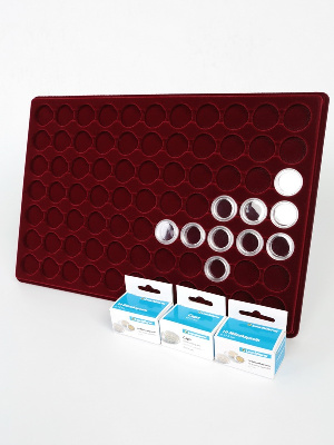 Планшет L (222х333х13 мм) для 77 монет в капсулах CAPS 18, 19 и 19,5 Leuchtturm. Диаметр ячейки 25 мм