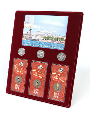 Планшет S (234х296х12 мм) для 3 монет 25 рублей и 3 монет 25 рублей в блистере «Футбол 2018» + Открытка. Санкт-Петербург. Вид на Биржу Планшет S (234х296х12 мм) для 3 монет 25 рублей и 3 монет 25 рублей в блистере «Футбол 2018» + Открытка. Санкт-Петербург. Вид на Биржу