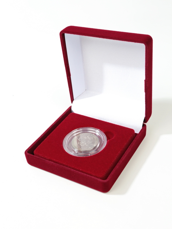 Футляр (92х92х40 мм) для монеты в капсуле (диаметр 44 мм), вынимаемый ложемент, светло-бордовый
