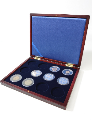 Деревянный футляр Volterra Smart (252х204х32 мм) для 12 монет в капсулах (диаметр 44 мм). Синий