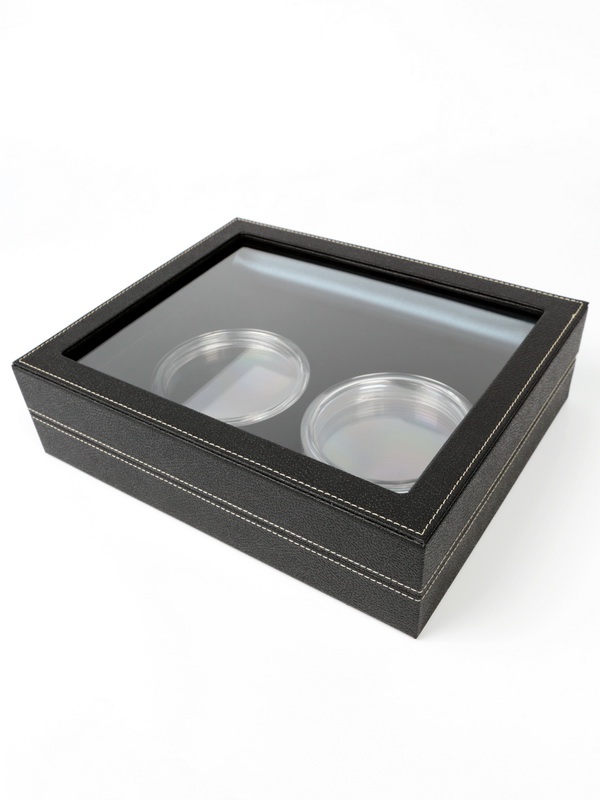  Бокс из искусственной кожи с прозрачным окном Nera XL Plus для 2 монет 10000 руб (золото 999, 1 кг ) или 100 руб (серебро 925, 1 кг) в капсулах, чёрный