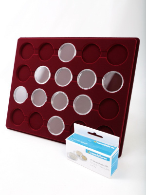 Планшет S (234х296х12 мм) для 20 монет в капсулах CAPS 36 и 37 Leuchtturm. Диаметр ячейки 42,5 мм, тёмно-бордовый  Планшет S (234х296х12 мм) для 20 монет в капсулах CAPS 36 и 37 Leuchtturm. Диаметр ячейки 42,5 мм, тёмно-бордовый