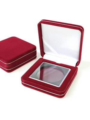 Футляр замшевый (92х92х34 мм) для 1 монеты в капсуле Quadrum XL (67,25х67,25х7,5 мм), тёмно-бордовый
