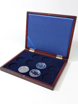 Деревянный футляр Volterra Smart (252х204х32 мм) для 10 монет в капсулах (диаметр 46 мм). Синий