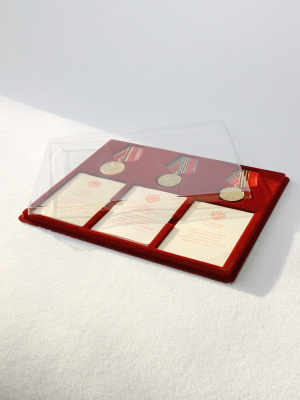 Планшет S (234х296х12 мм) на 3 медали РФ d-37 мм и 3 удостоверения, тёмно-бордовый Планшет S (234х296х12 мм) на 3 медали РФ d-37 мм и 3 удостоверения, тёмно-бордовый