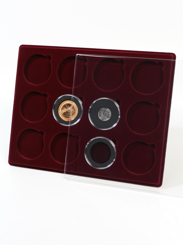  Планшет S (234х296х12 мм) для монет в капсулах d-58 мм (12 ячеек), тёмно-бордовый